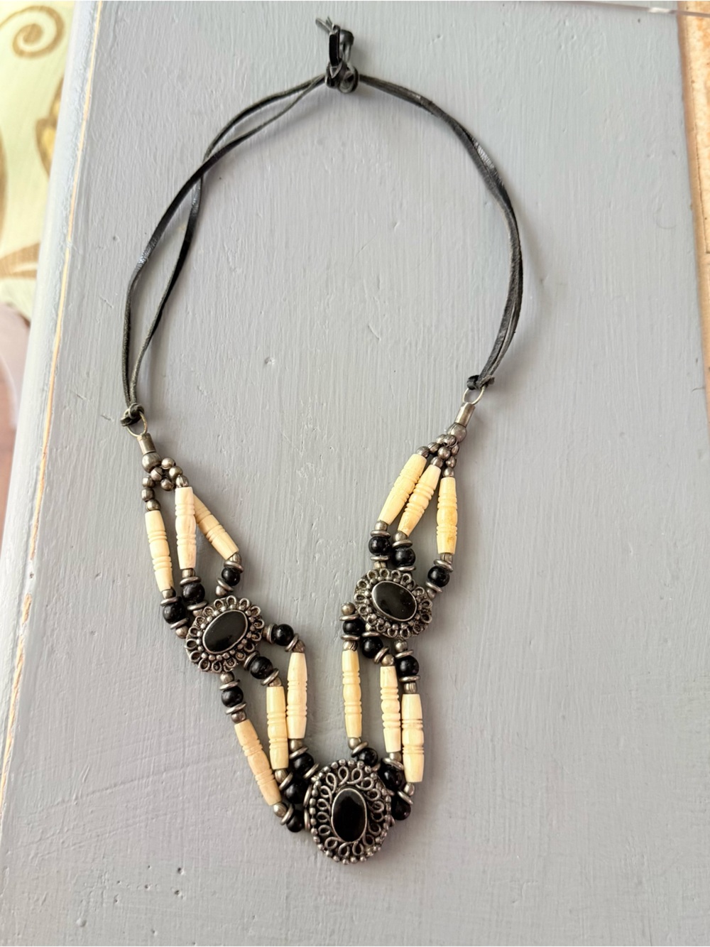 Southwestern Leather Beaded Statement Necklace